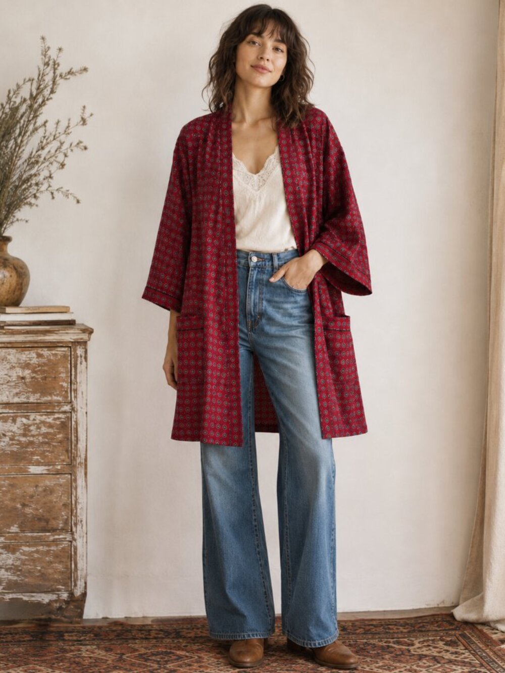 Woolworths Kimono Duster Jacket Vintage 70s Robe SZ M Boho